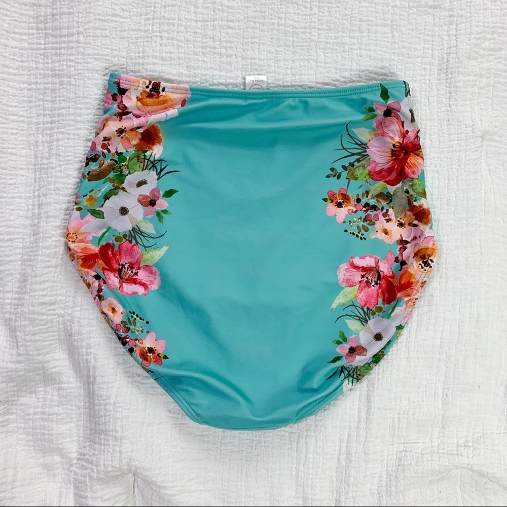 Janela Bay High Waisted Aqua & Pink Floral Swim Bottoms Size Extra Small - Picture 4 of 12